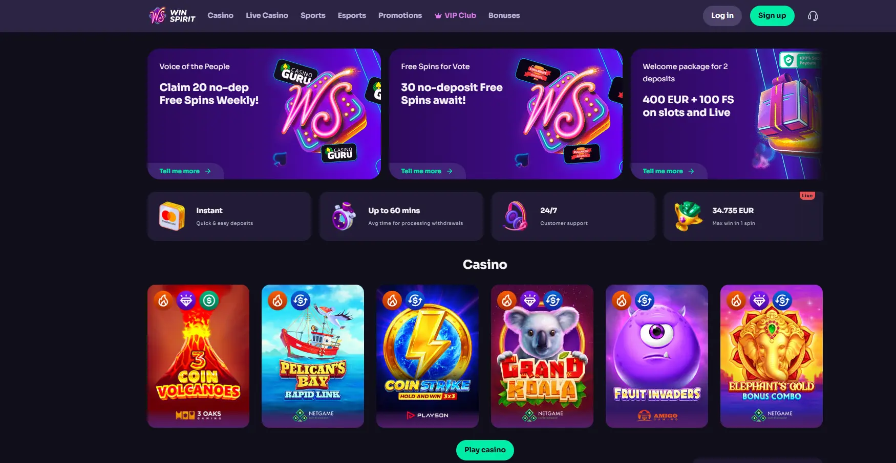 Betizy Casino homepage showcasing sports betting markets, casino games, welcome bonuses, and live sports event listings.