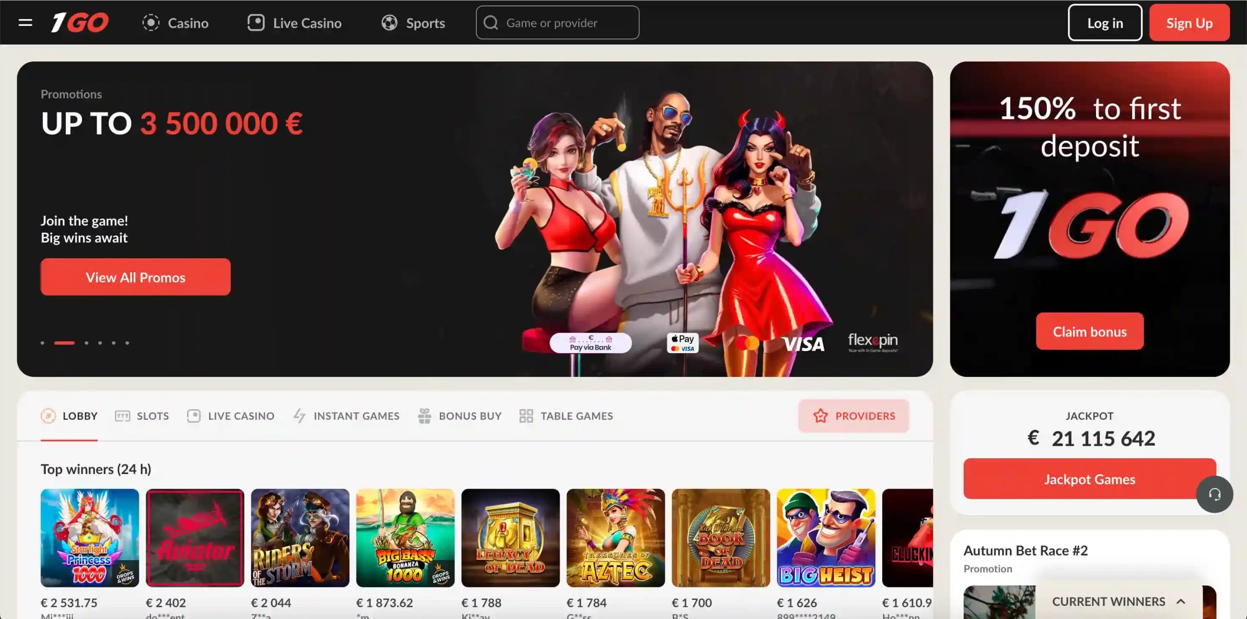 1Go Casino website homepage showing the main lobby and navigation