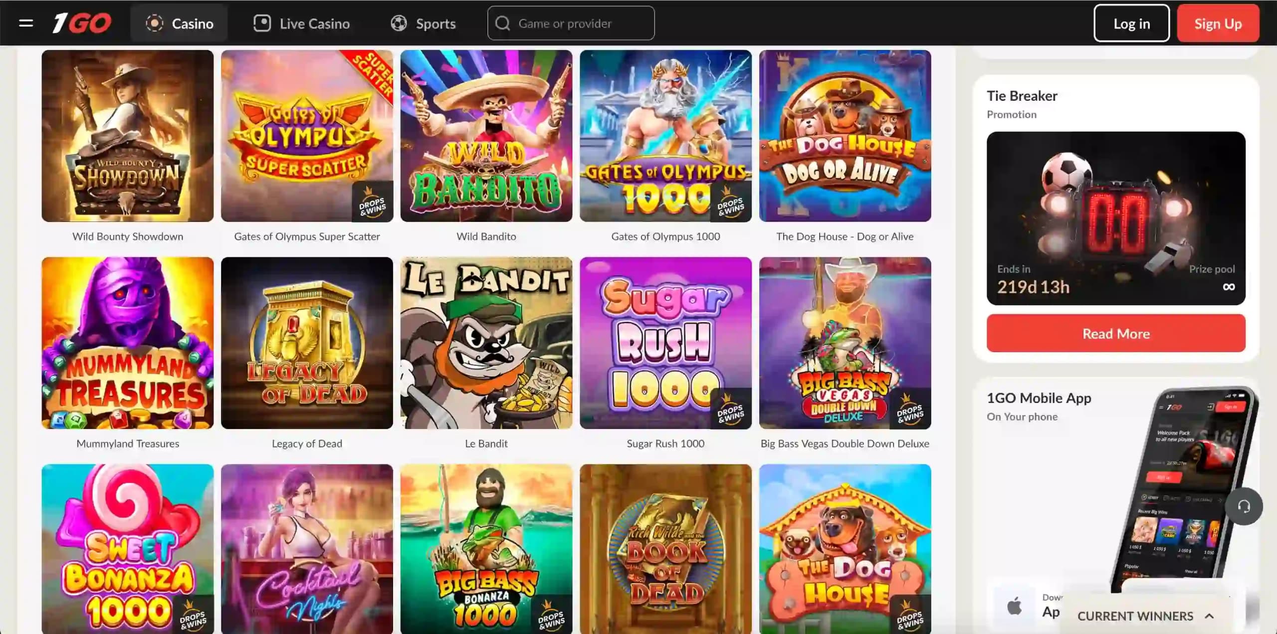 Overview of the 1Go Casino game selection lobby.