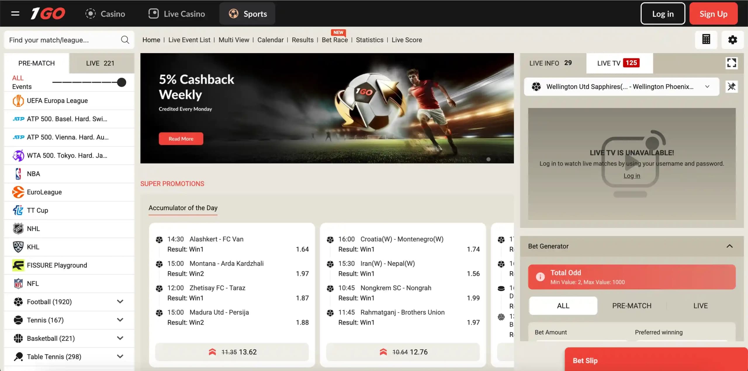 Overview of the 1Go Casino sportsbook betting section.