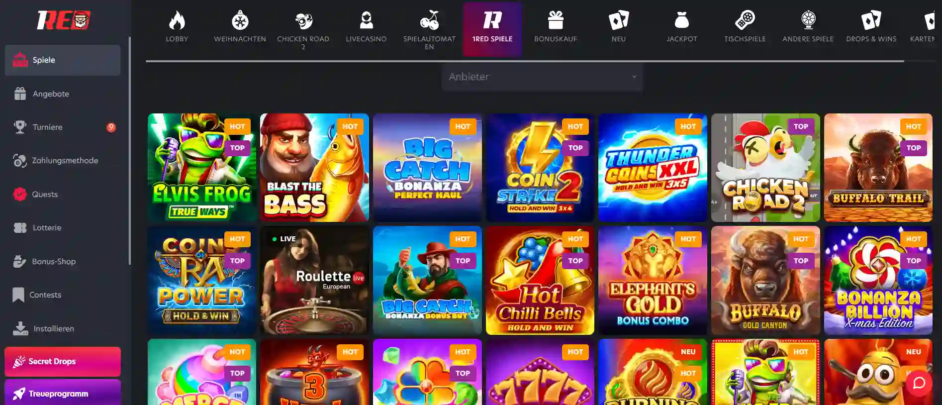 1Red Casino Übersicht mit Slots und weiteren Casino-Spielen