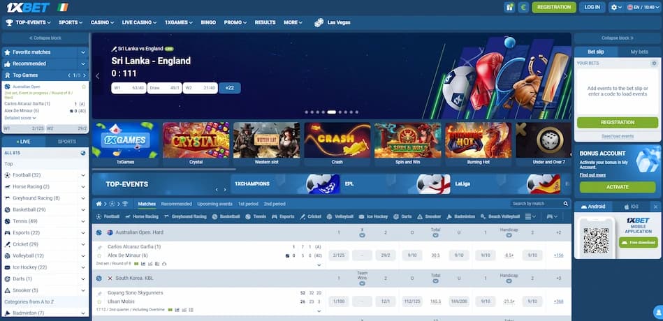 1xBet Ireland online casino and sportsbook homepage
