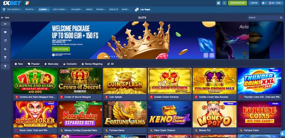 1xBet Ireland online casino game lobby showing slots and live dealer options