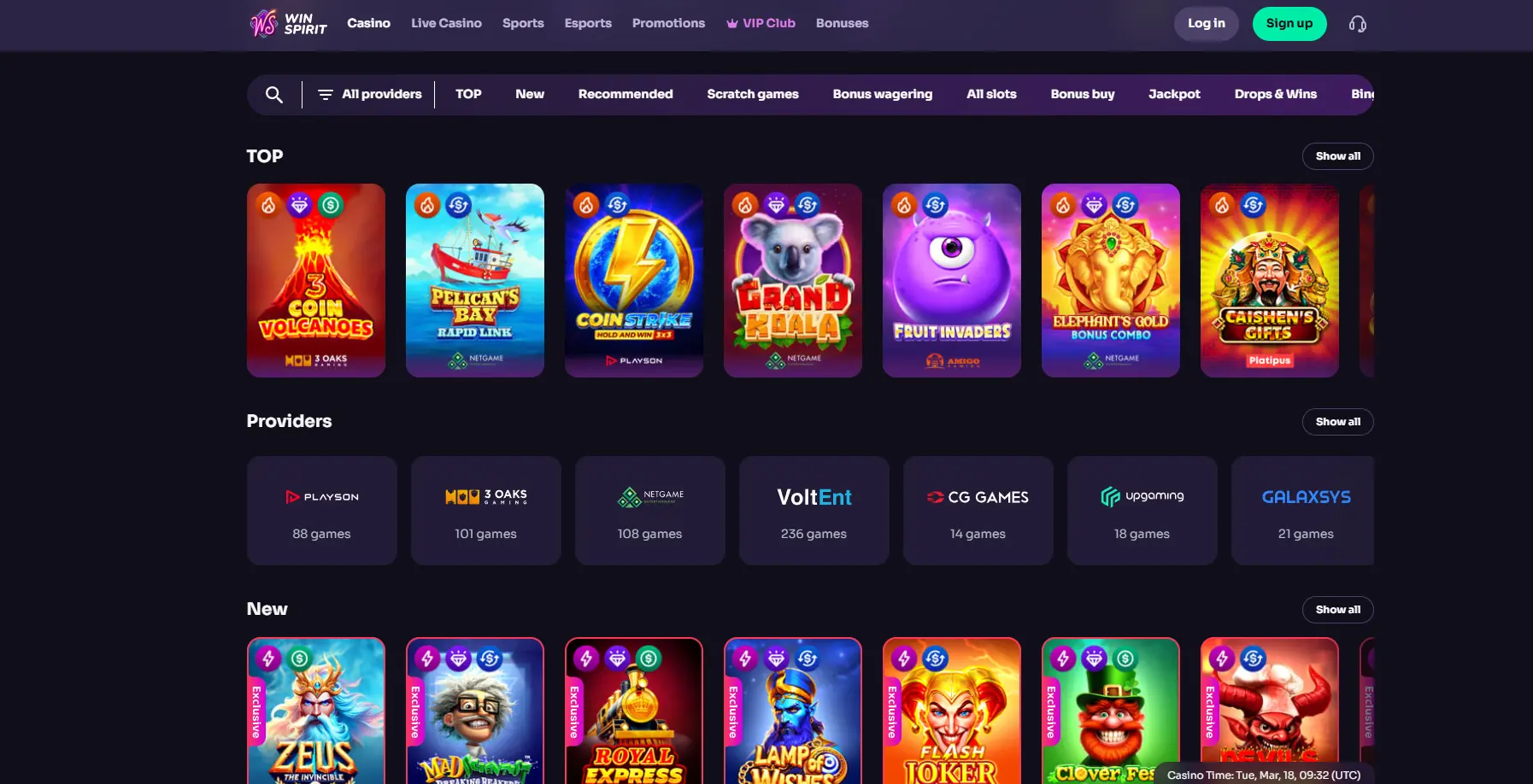 WinSpirit casino game lobby displaying top picks, new releases, and provider-filtered slot categories