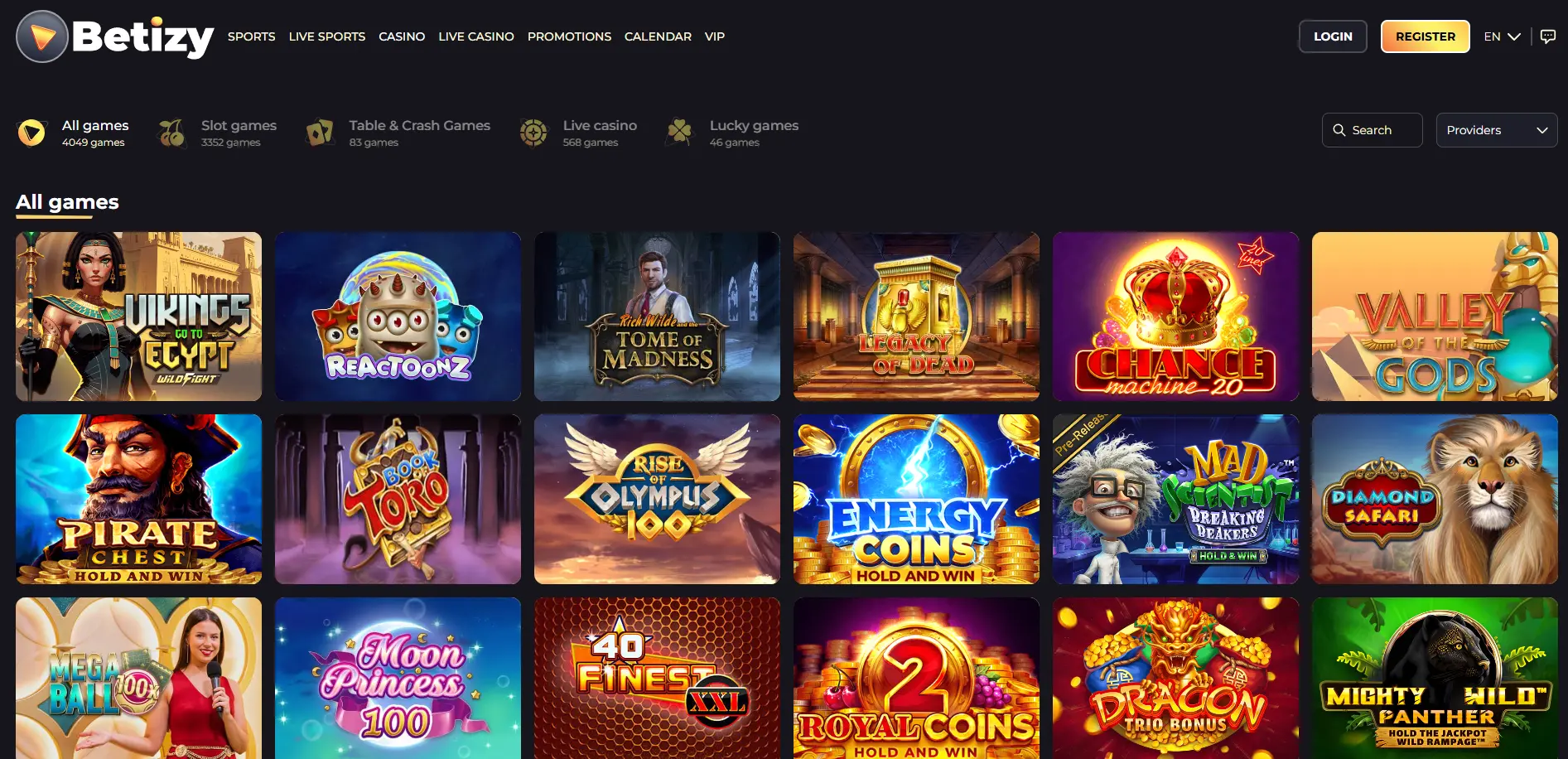 Betizy Casino game lobby displaying a colorful grid of slot titles including Vikings Egypt and Reactoonz