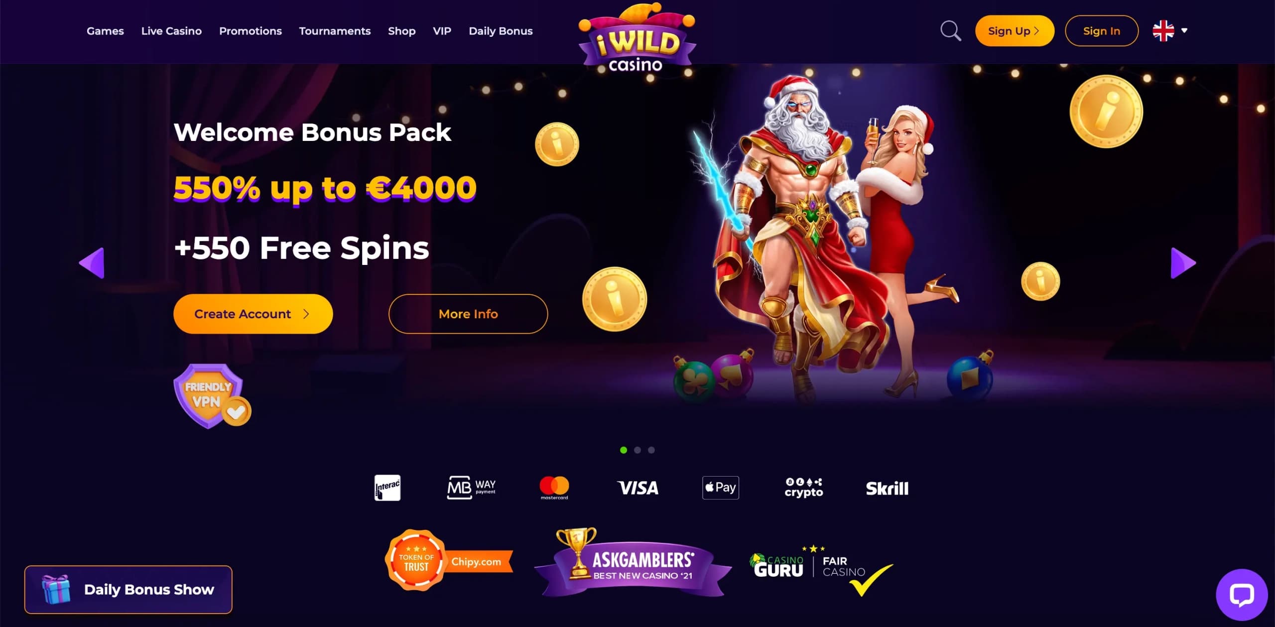 iWild Casino full platform overview showing game lobby and bonus offers