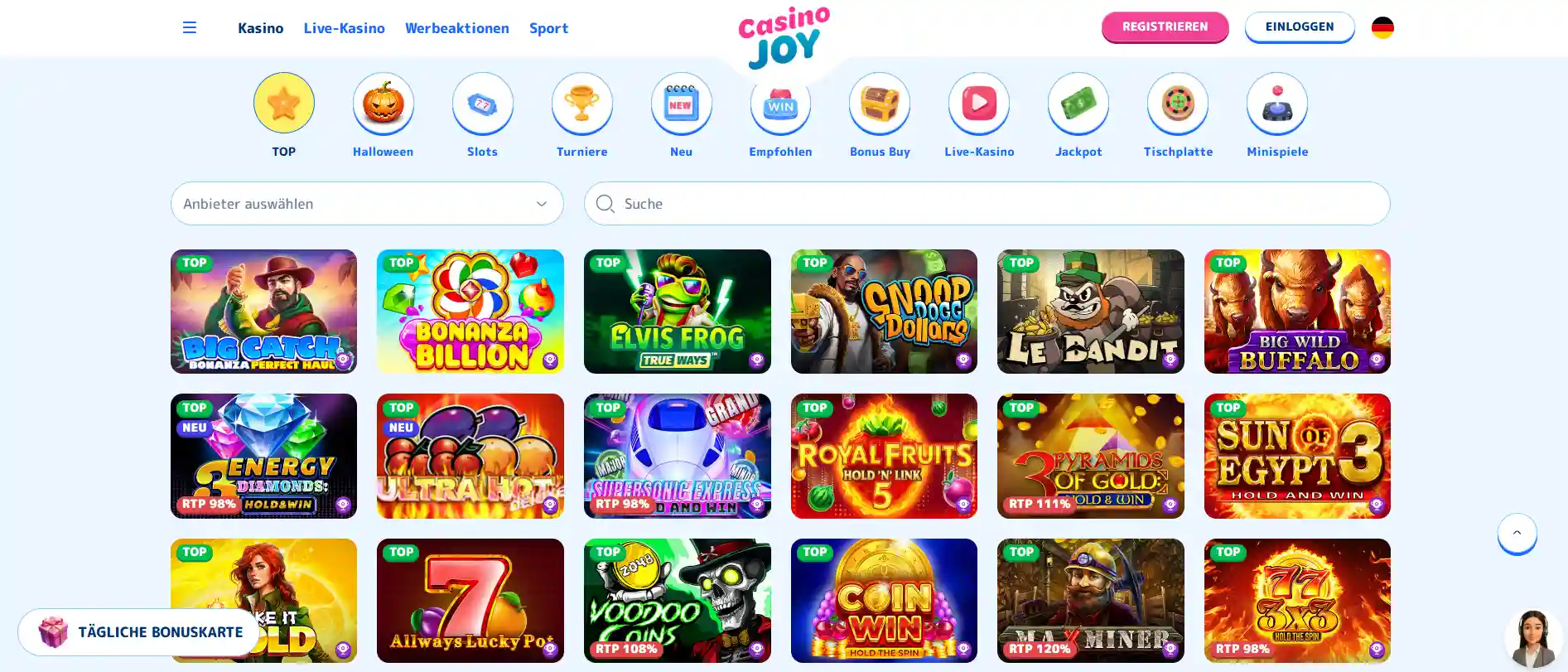 Startseite von CasinoJoy mit einer Auswahl an Spielautomaten und Casino-Spielen