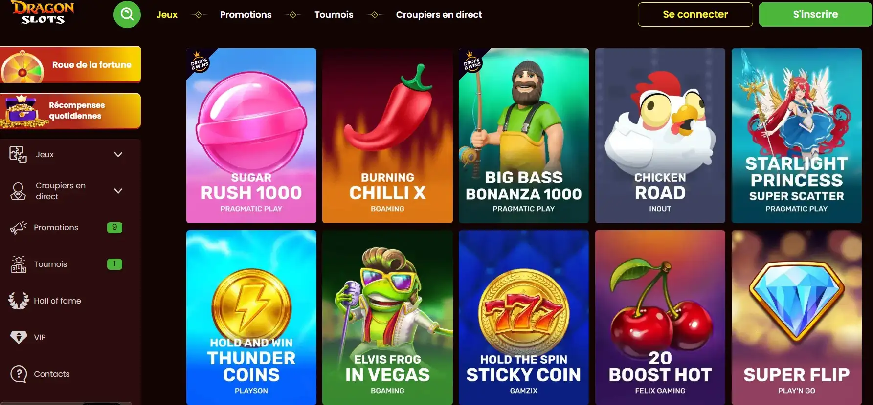 Lobby de DragonSlots présentant la sélection de machines à sous et les titres les plus populaires