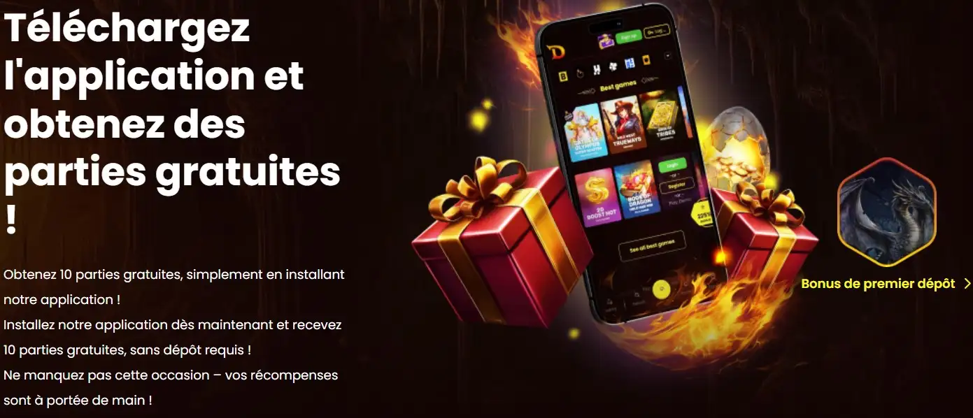 Application mobile DragonSlots Casino affichée sur un smartphone avec des cadeaux promotionnels et une offre de tours gratuits sans dépôt