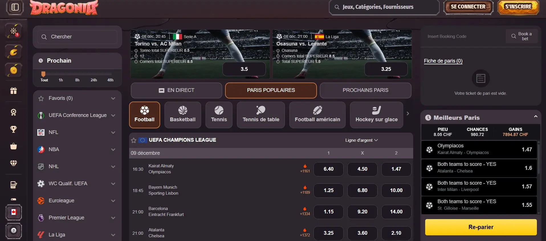 Section dédiée aux paris sportifs sur la plateforme Dragonia Casino