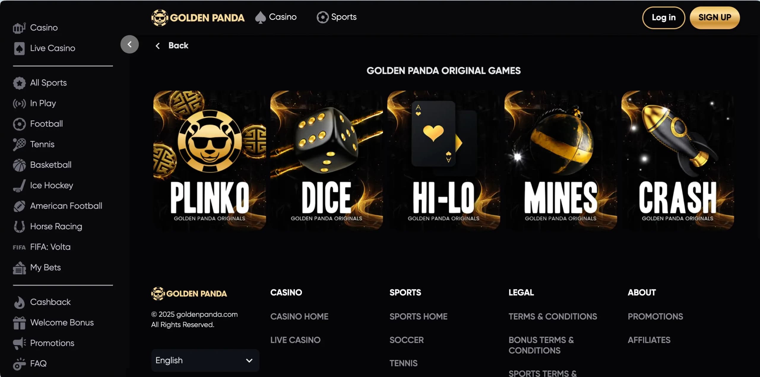 Golden Panda Casino specialty games including Plinko, Mines, Crash, and Dice