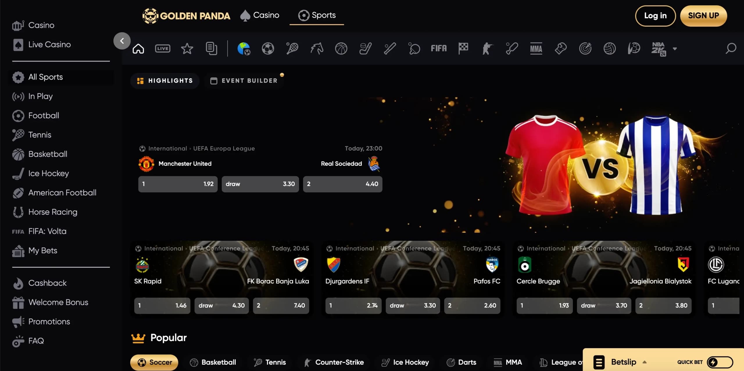 Golden Panda Sportsbook betting markets and live odds interface