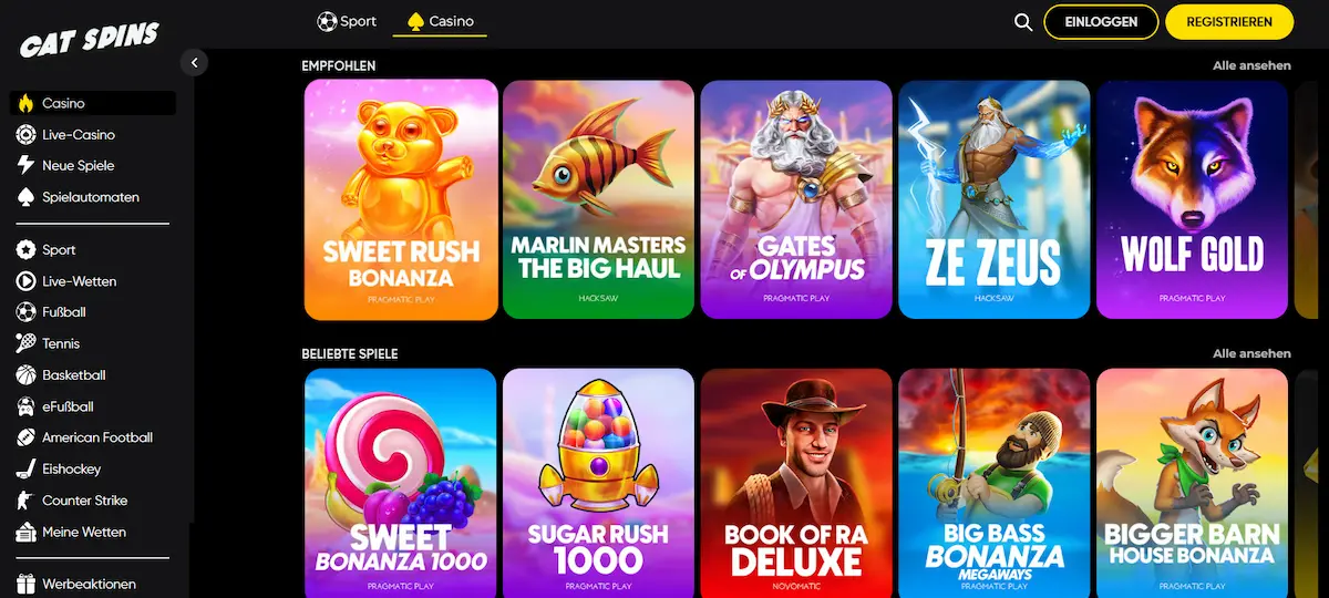 Cat Spins Casino Lobby mit beliebten Spielautomaten und empfohlenen Spielen