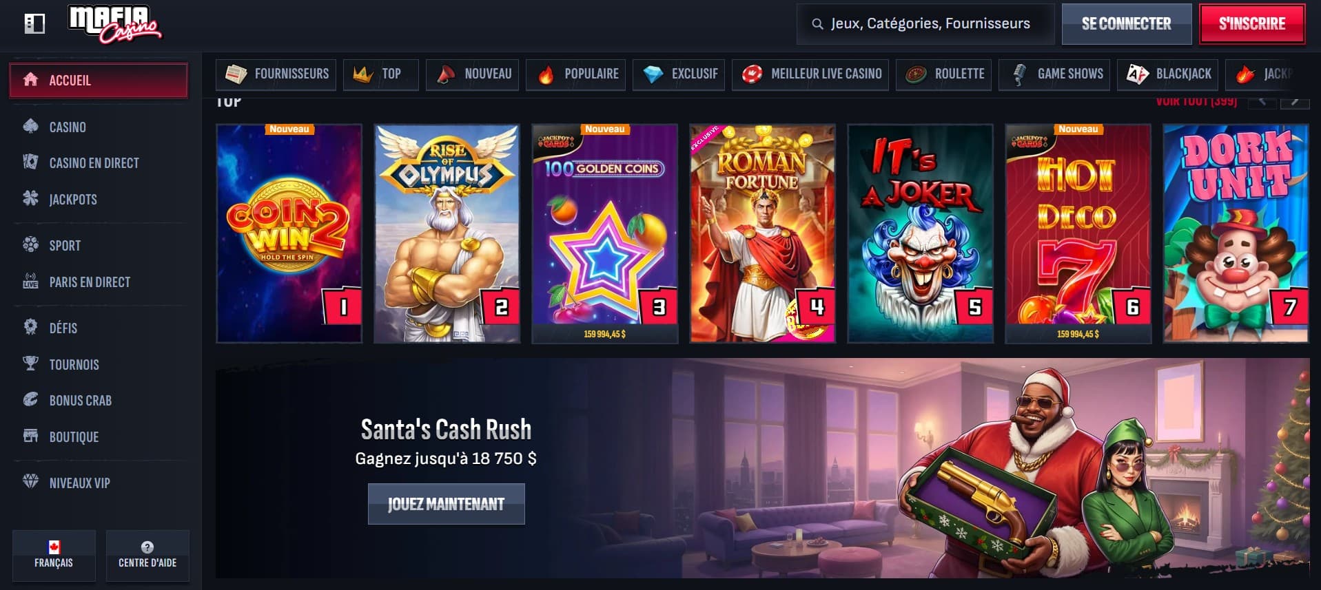 Aperçu du lobby de jeux Mafia Casino avec les machines à sous les plus populaires