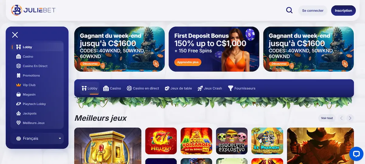 Page d'accueil du casino en ligne Juliebet au Canada
