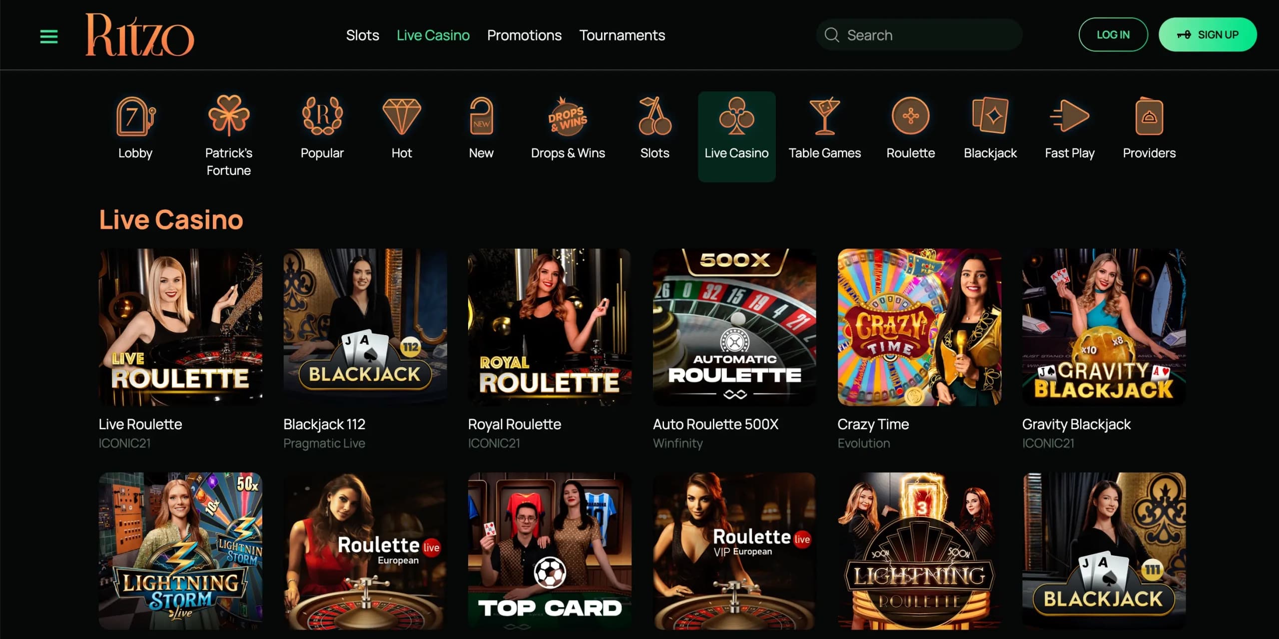 Ritzo Casino live dealer lobby showing HD-streamed roulette, blackjack, and game show tables.