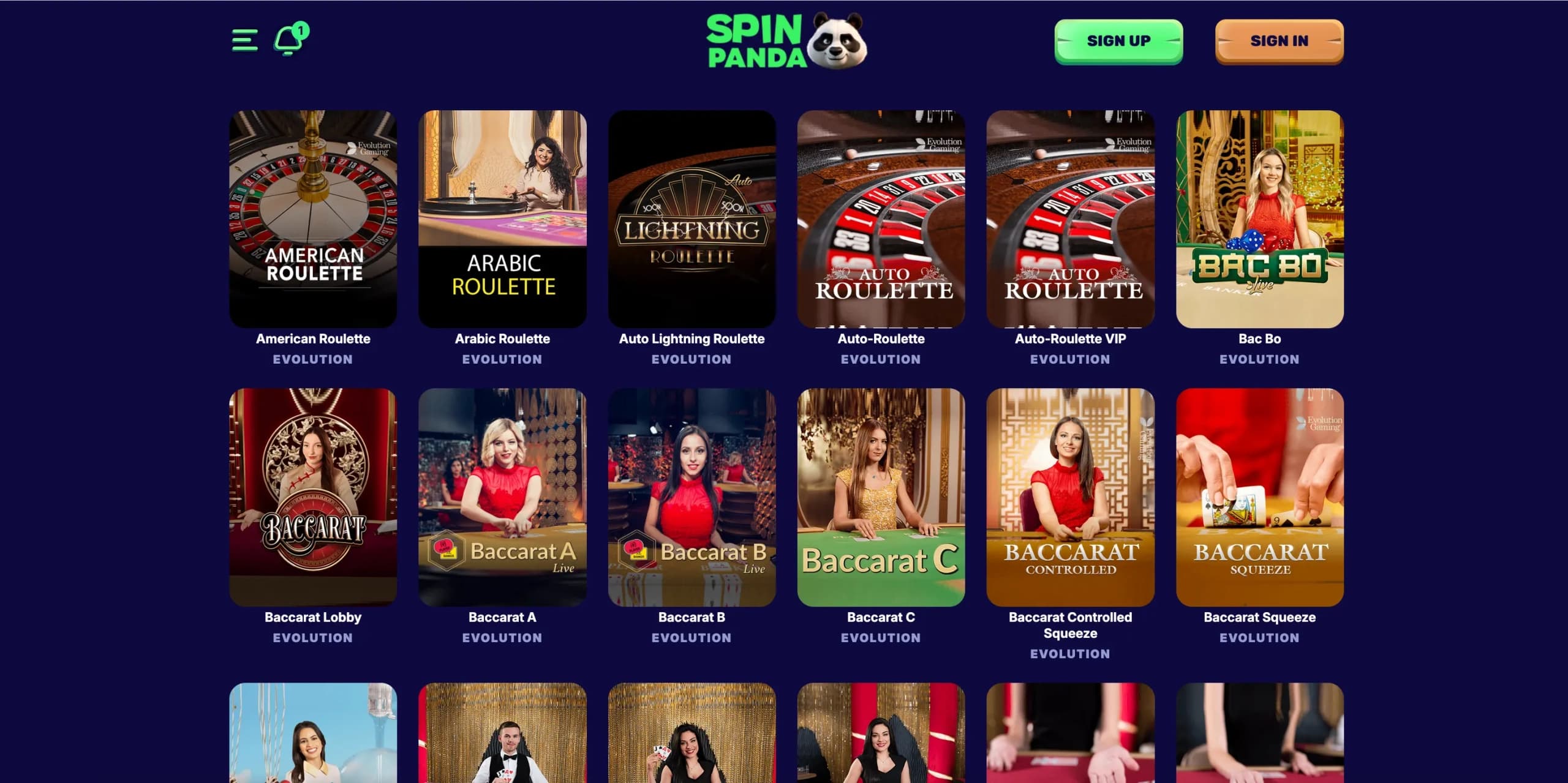 SpinPanda live dealer games streamed in HD by Evolution Gaming including roulette and card games