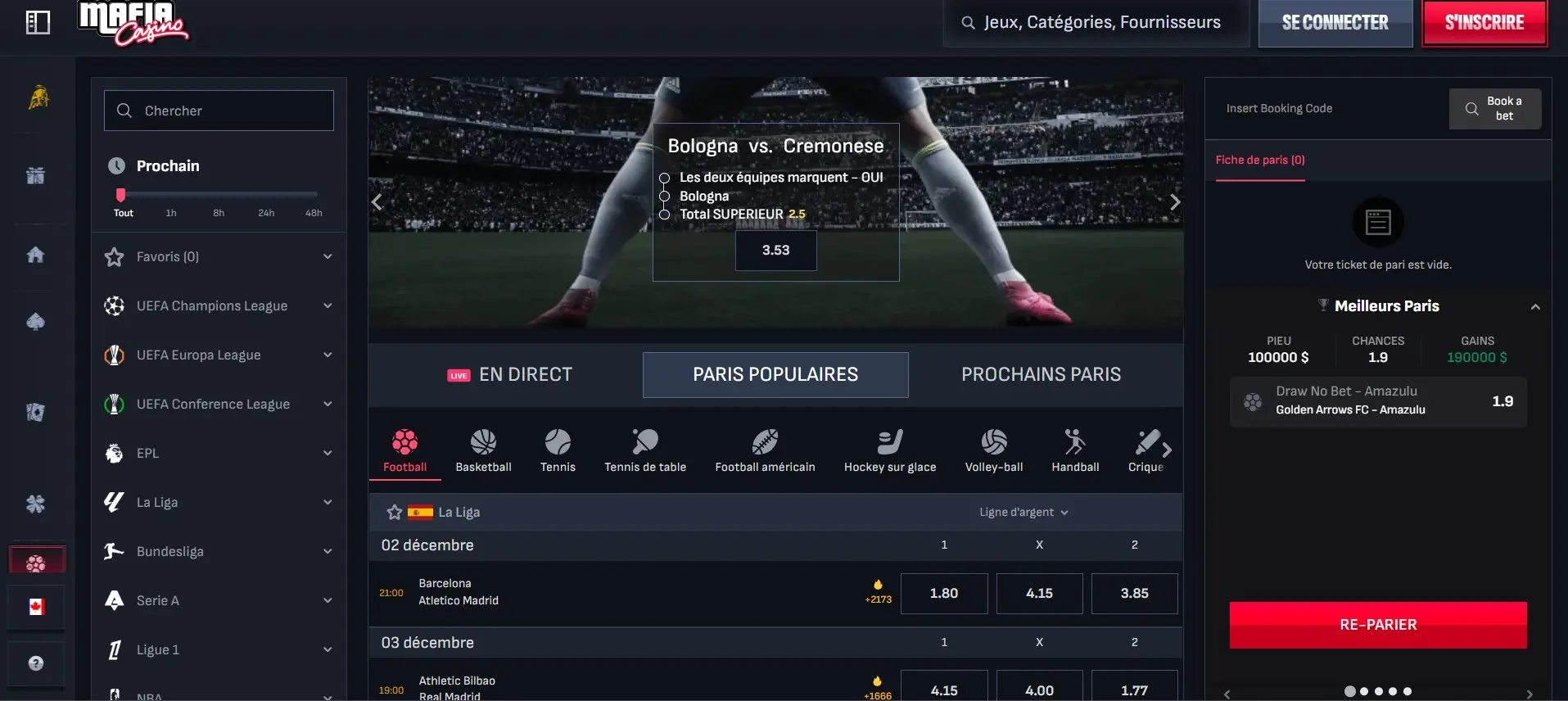 Section paris sportifs de Mafia Casino avec cotes en direct et matchs en cours