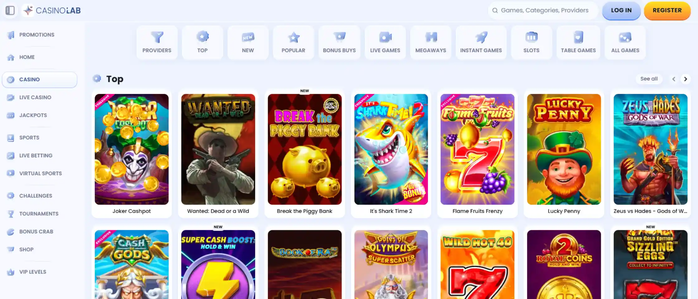 CasinoLab casino games lobby showing slots and table game categories