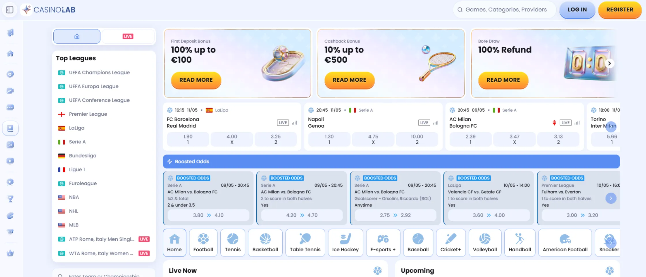 CasinoLab sportsbook betting interface showing sports markets