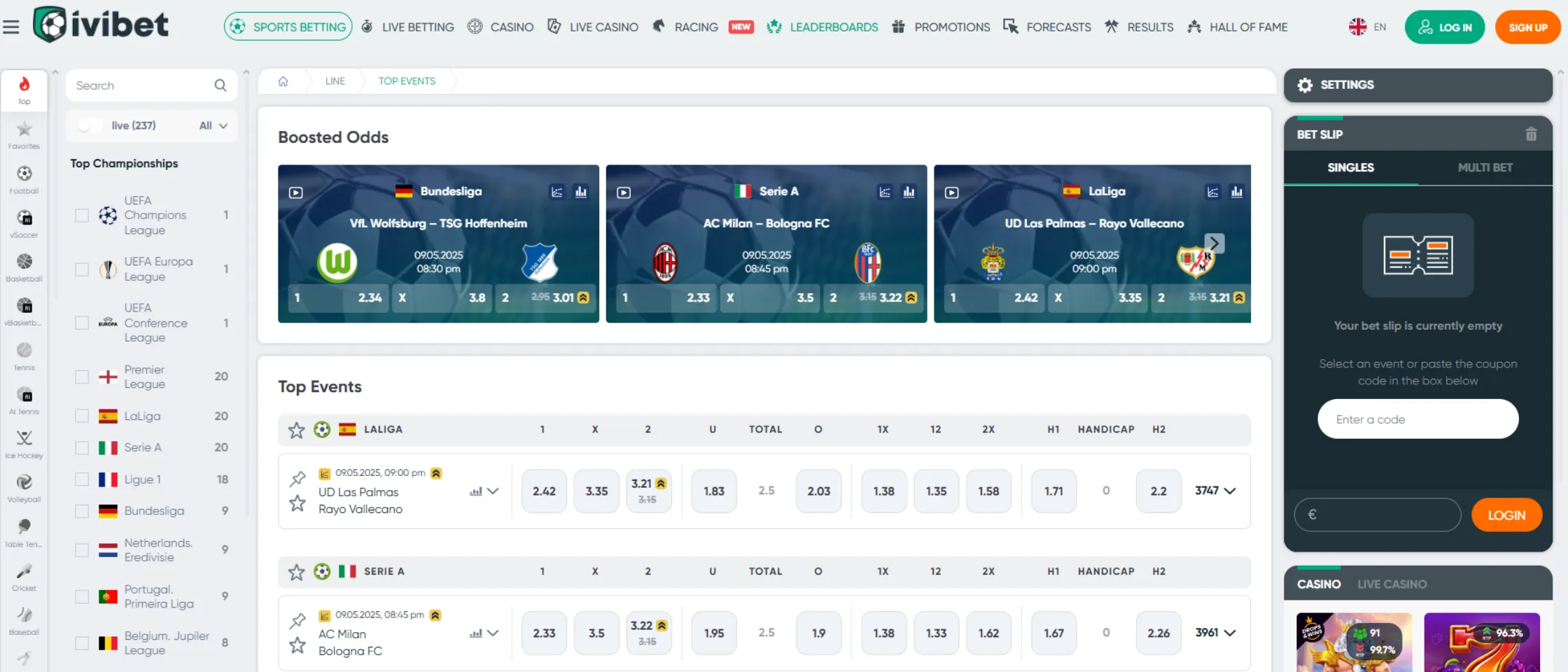 Ivibet Sportsbook betting interface showing available sports markets