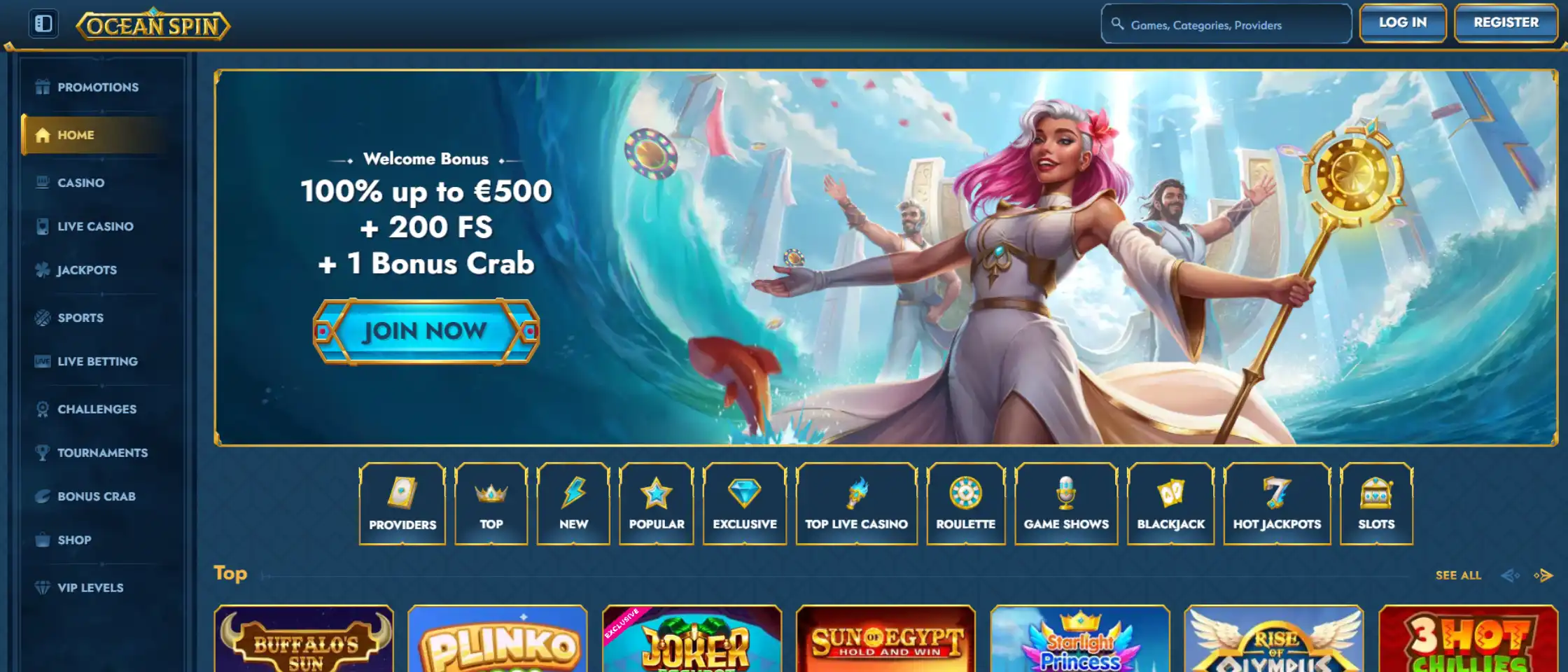 OceanSpin Casino homepage displaying a 100% Welcome Bonus up to €500 plus 200 Free Spins with a Join Now call-to-action button, game categories, and software provider logos