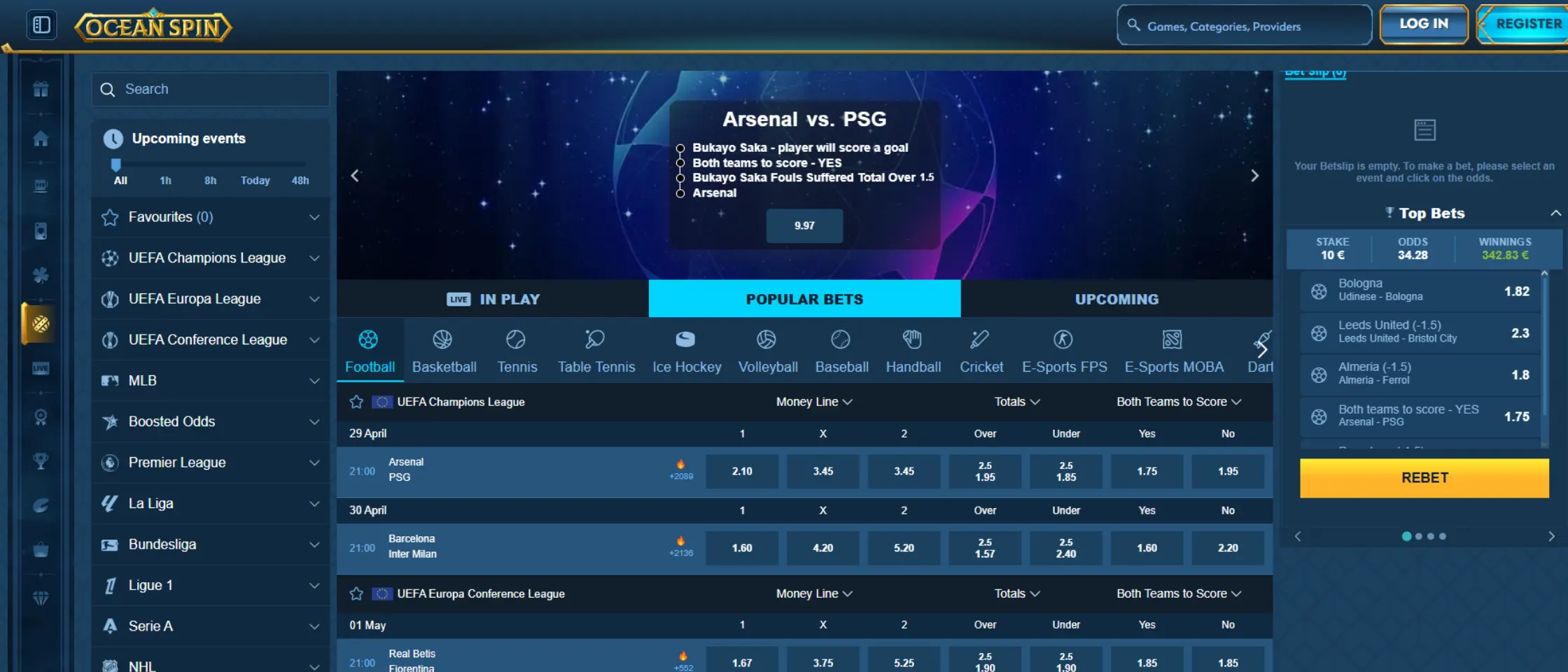 OceanSpin sportsbook interface showing live and upcoming football fixtures including Arsenal vs PSG with betting odds and market options
