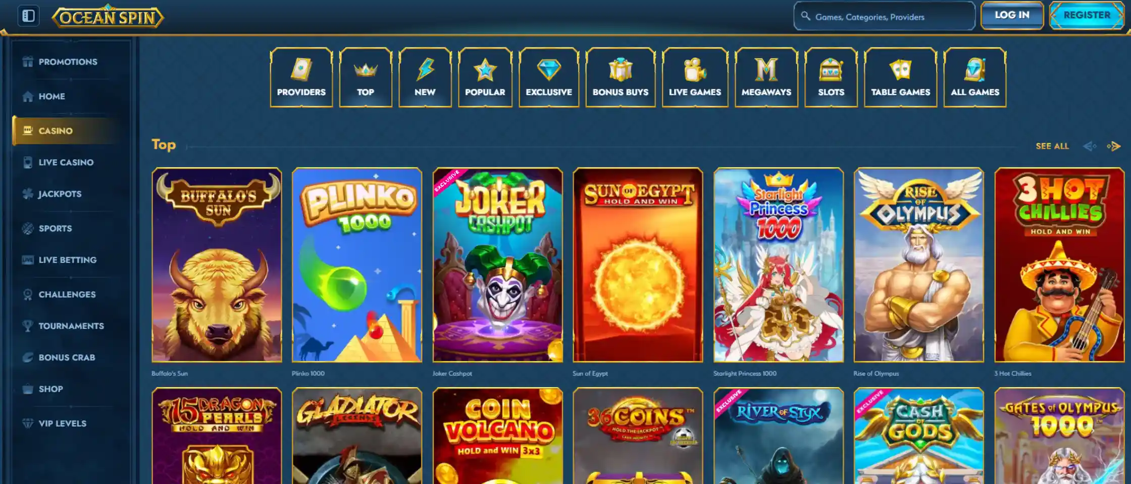 Oceanspin Casino Top Games lobby featuring popular online slots including Buffalo's Sun, Plinko 1000, and Joker Cashpot