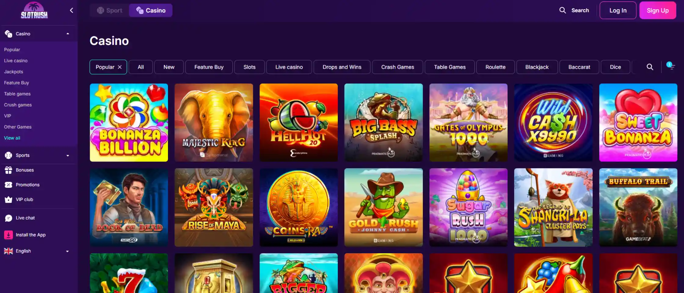 Slotrush Casino popular games lobby showing top titles