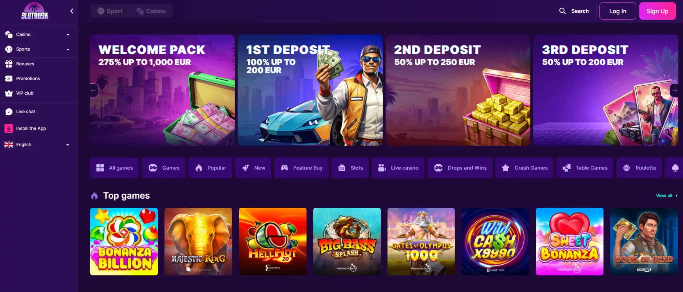 Slotrush Casino homepage showing game lobby and navigation menu