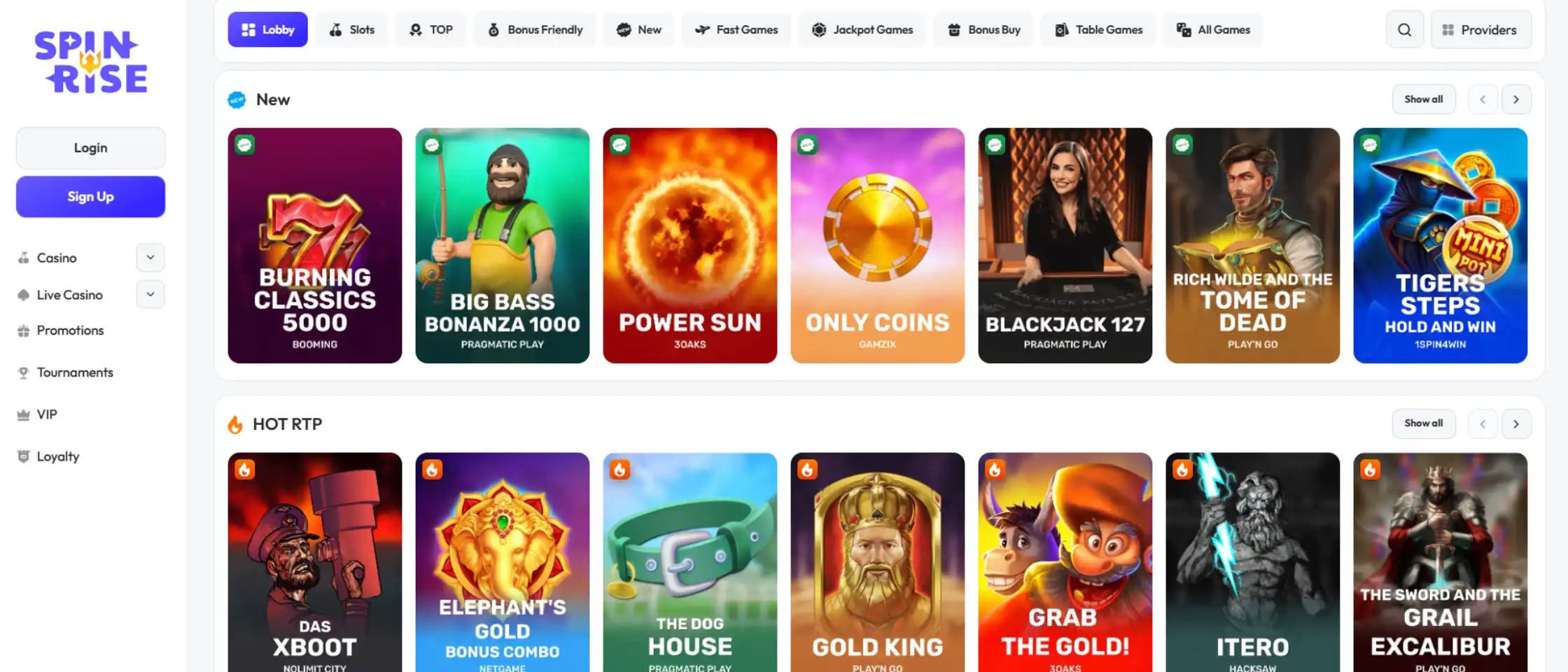 Spinrise casino high RTP games banner highlighting top-paying slot titles