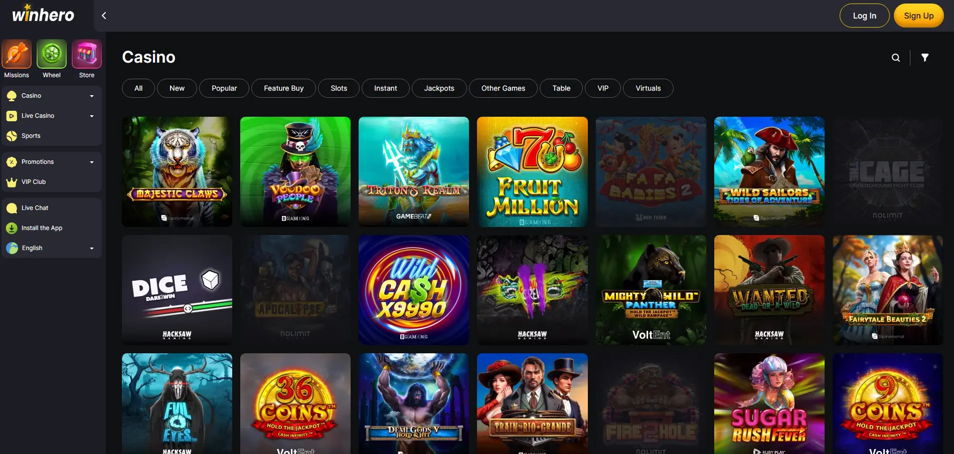 Winhero casino game selection lobby featuring slots and table games