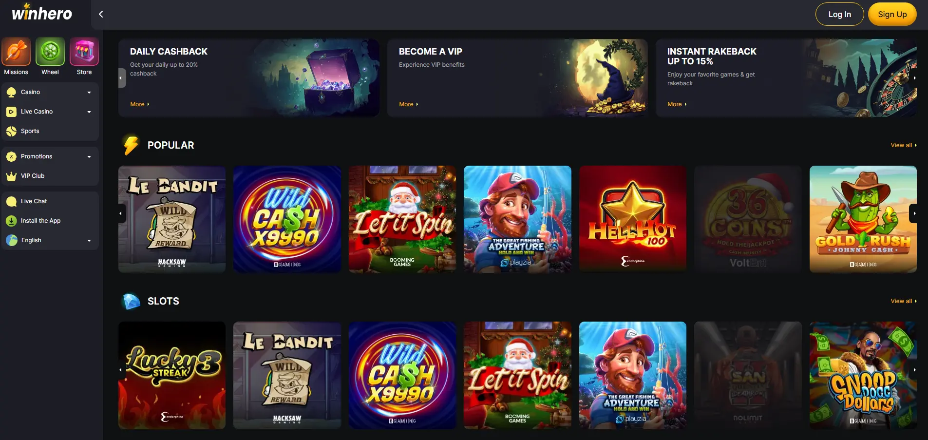 Winhero casino homepage showing game lobby and welcome banner