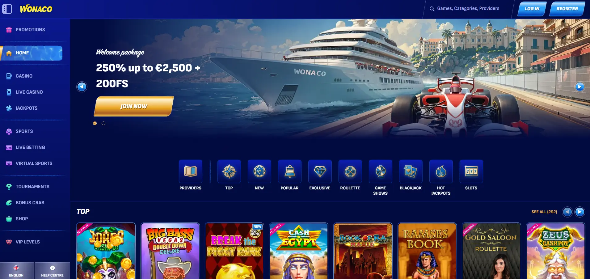 Wonaco Casino homepage displaying the site logo, register and login buttons, side navigation menu, featured game tiles, and a welcome bonus banner featuring a boat and F1 car illustration
