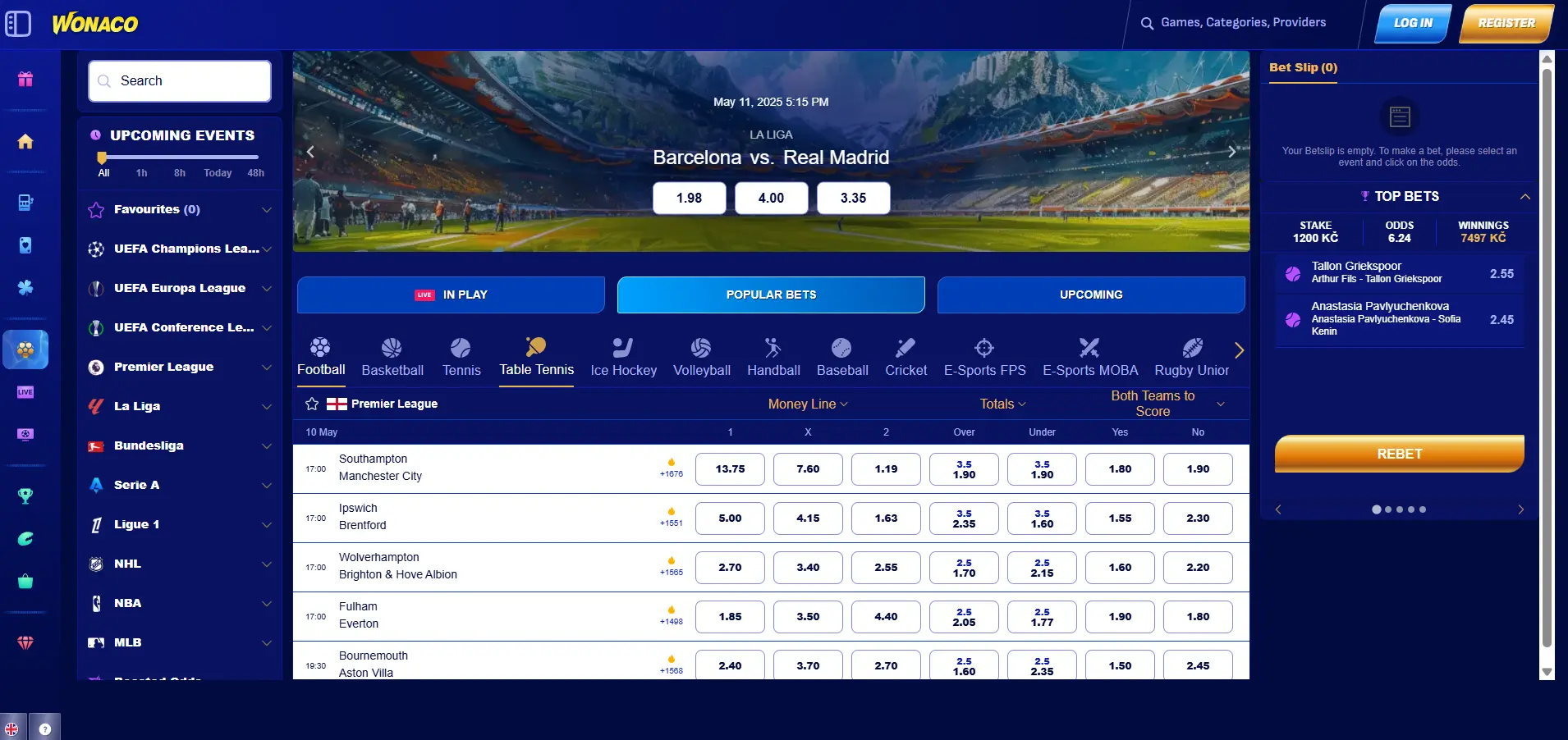 Wonaco Casino sportsbook interface displaying a side navigation menu, In Play section, Popular Bets, Upcoming Events, and a featured banner for the Barcelona vs Real Madrid match.