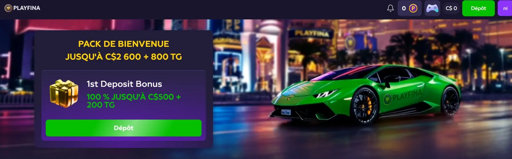 Page d'accueil Playfina avec offre de bienvenue allant jusqu'à C$2 600 et 800 tours gratuits