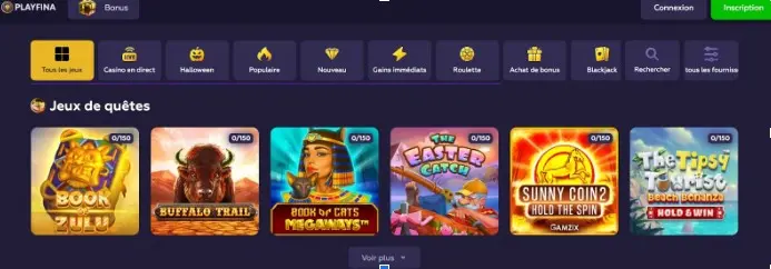 Aperçu de la sélection de jeux et des catégories disponibles sur Playfina Casino