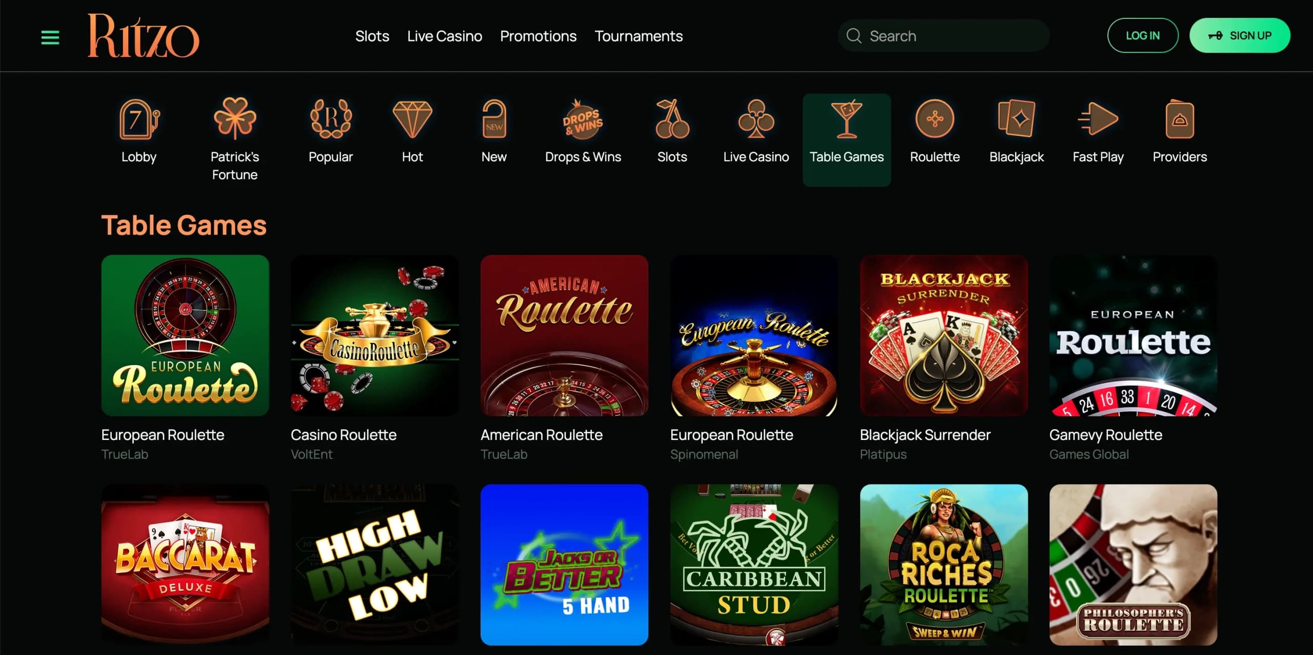 Ritzo Casino table games section featuring blackjack, roulette, baccarat, and poker variants.