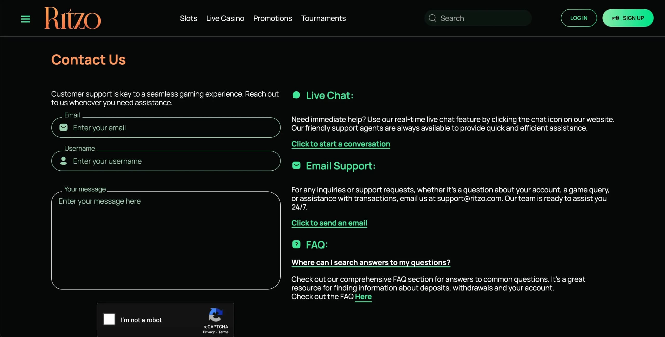 Ritzo Casino 24/7 live chat and email customer support channels