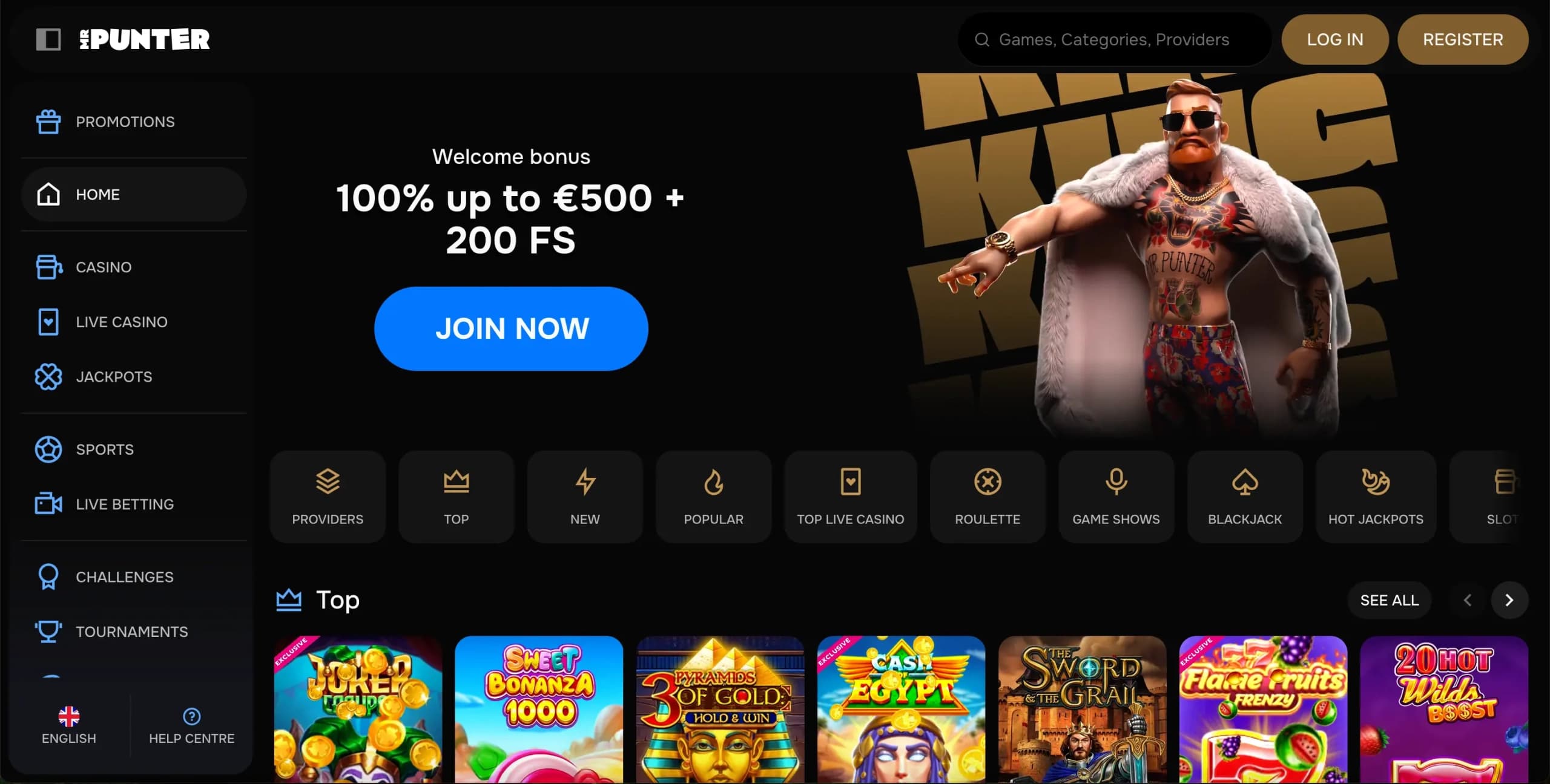 MrPunter casino homepage displaying a welcome bonus offer, game categories, and the site's cartoon mascot character