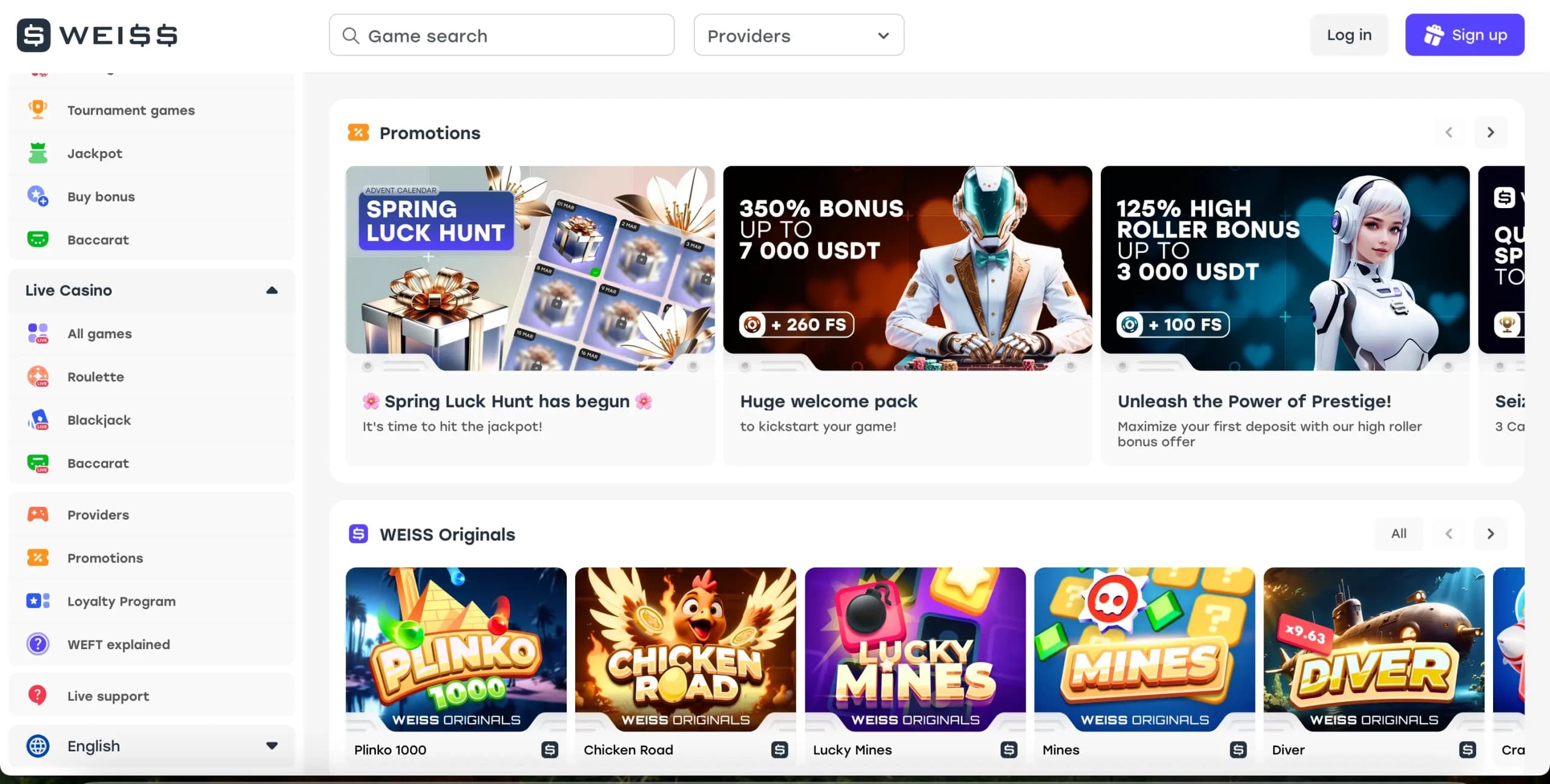 Weiss Casino homepage showing the light-themed interface with left-side navigation, central promotional banners, and a grid of Weiss Originals casino games