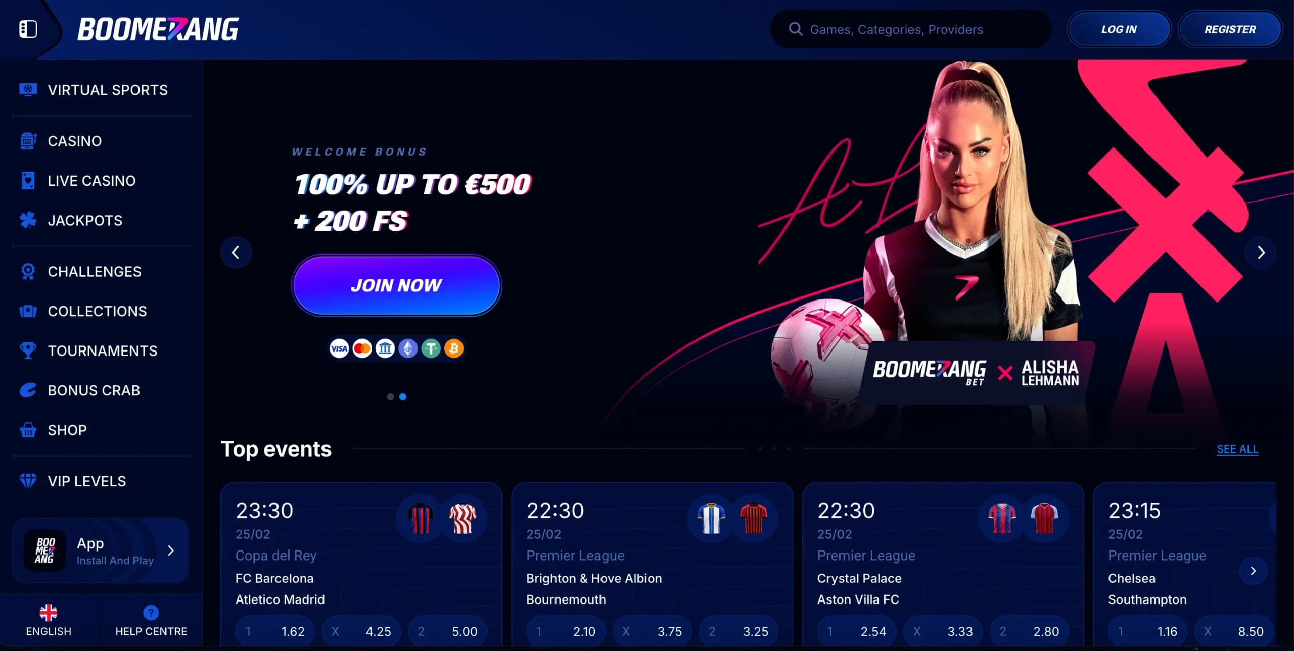Boomerang-Bet casino homepage showing a 100% welcome bonus up to €500 plus 200 free spins with a Join Now button, sidebar navigation, top football events, and brand ambassador Alisha Lehmann
