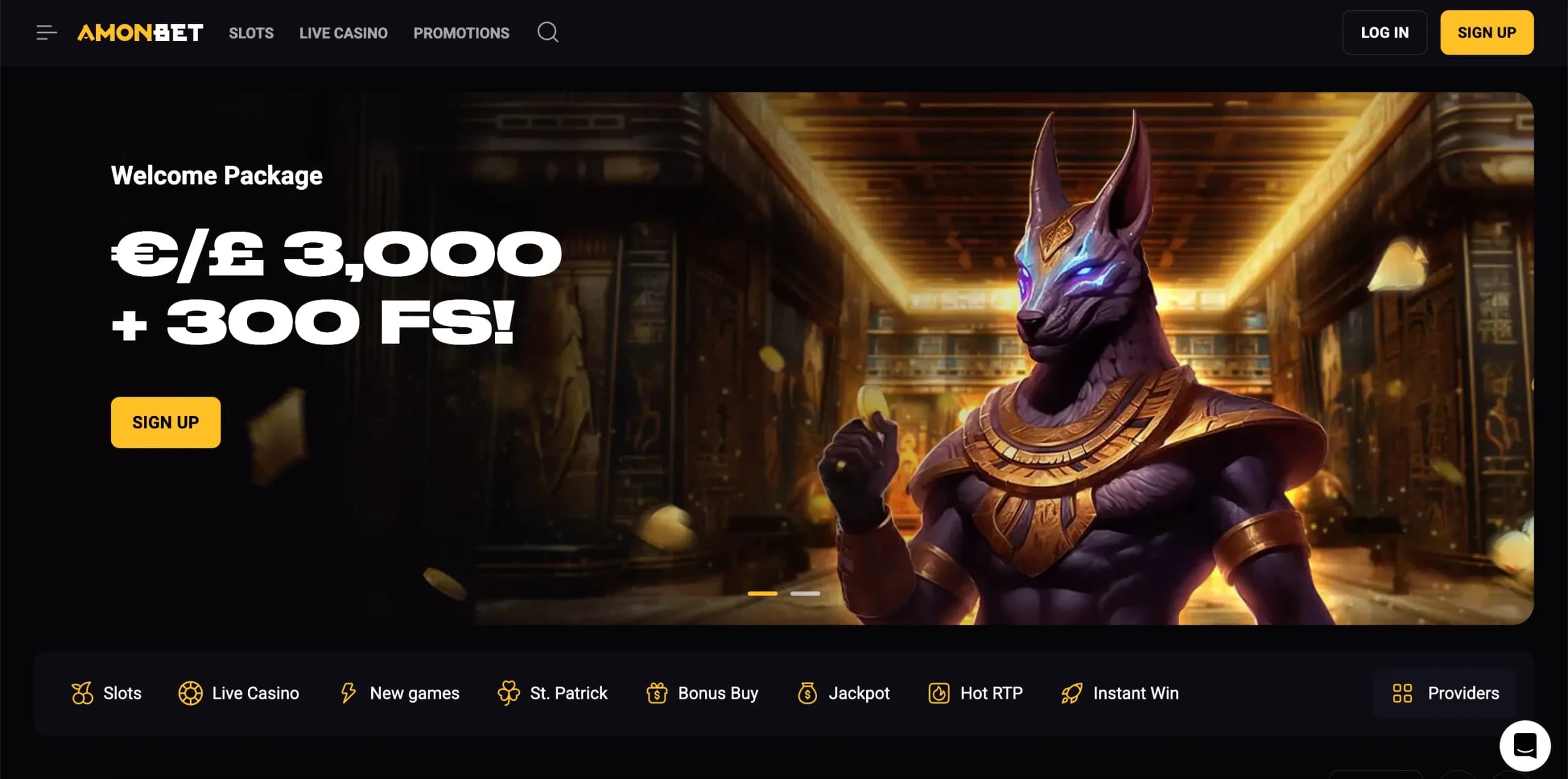 Amonbet Casino homepage displaying a €3,000 welcome package plus 300 free spins with an Egyptian-themed design featuring Anubis