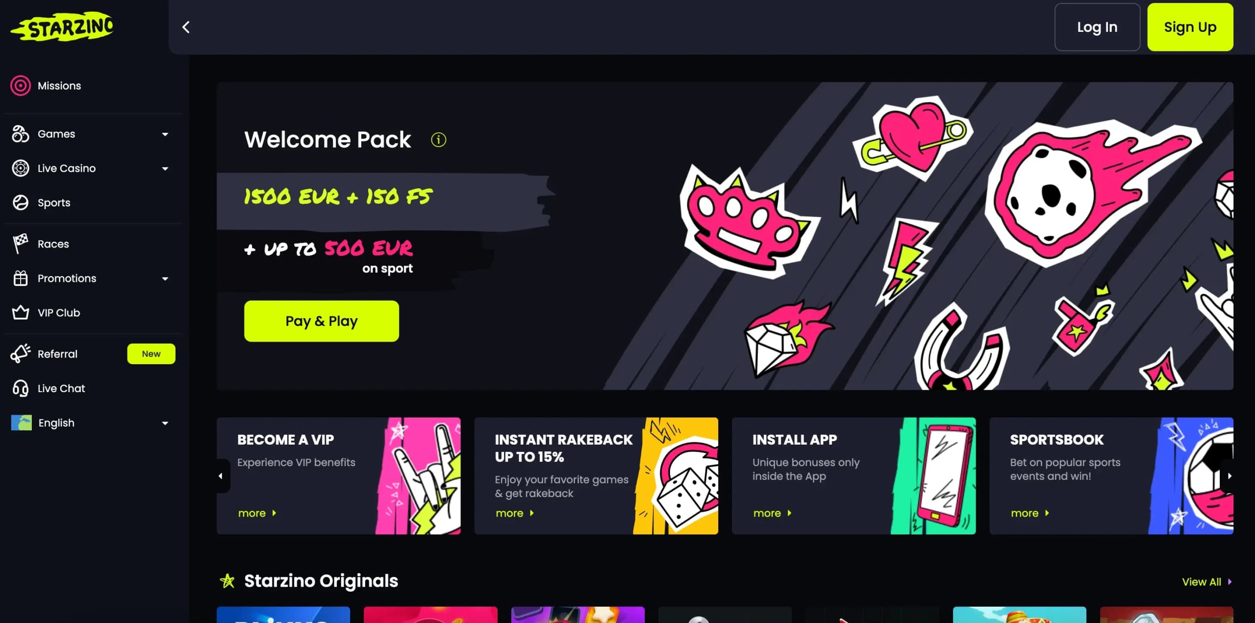 Starzino Casino homepage showing a Welcome Pack of 1500 EUR plus 150 free spins and a 500 EUR sports bonus alongside VIP perks, rakeback, and sportsbook features with cartoon-style visuals.