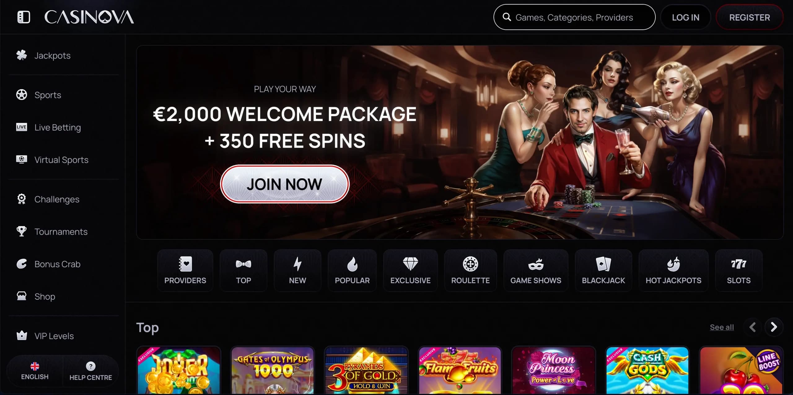 Casinova Casino homepage showing the welcome package offer, game category navigation, and a featured selection of slot titles