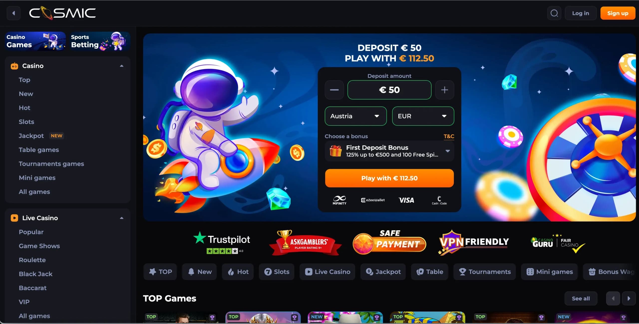 CosmicSlot Casino homepage showing a 125% first deposit bonus up to €500 with an astronaut graphic and game category navigation on the left side