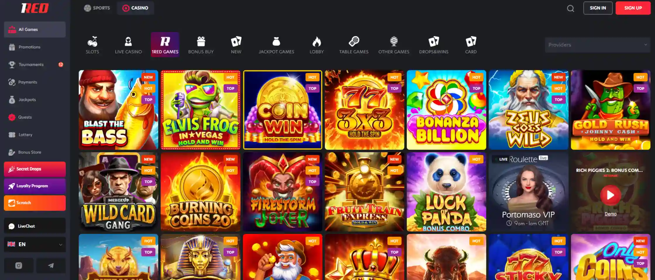 1Red Casino game selection lobby showing slots, table games, and live dealer options