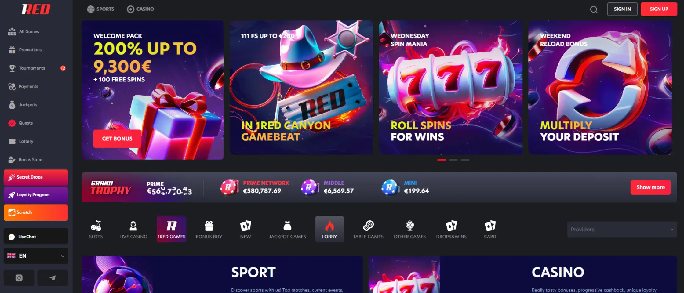 1Red Casino official homepage showing the main lobby and navigation menu