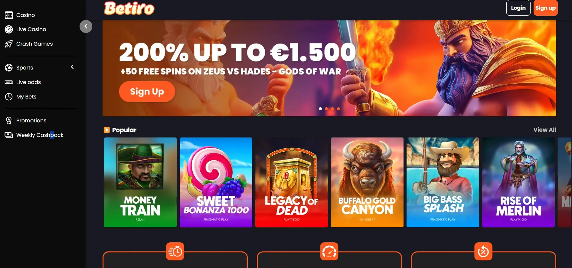 Betiro Casino homepage showing the welcome package banner with illustrated characters from Zeus vs Hades - Gods of War alongside a drop-down menu of featured games