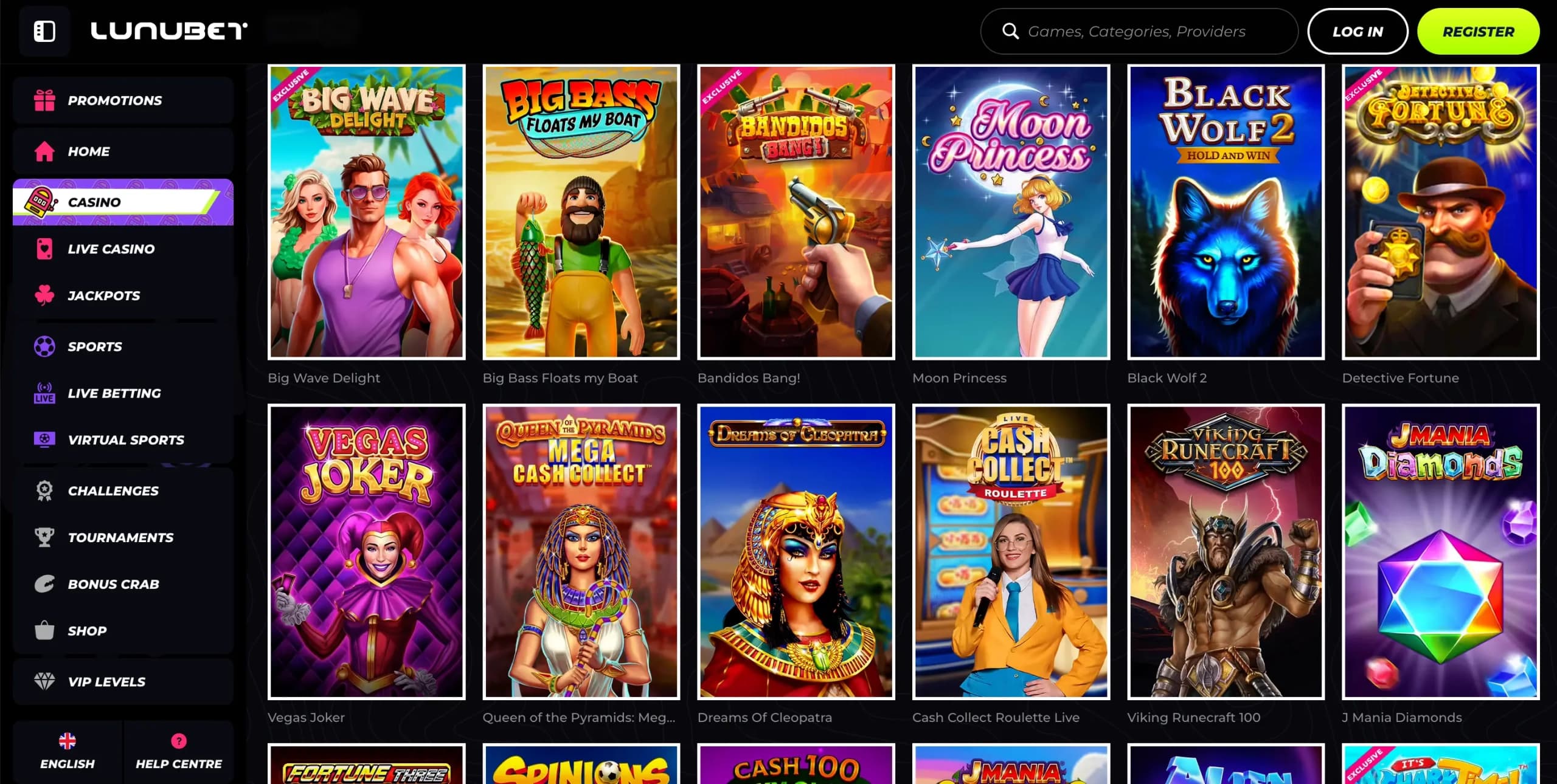 Screenshot of the LunuBet casino section showing a grid of slot game thumbnails organised by category on the casino website.